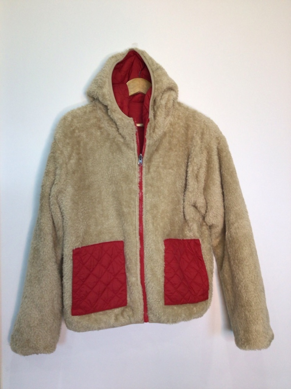 Zyia Active Women’s Large Quilted Sherpa Reversible Hooded Puffer Red Jacket - Picture 12 of 15